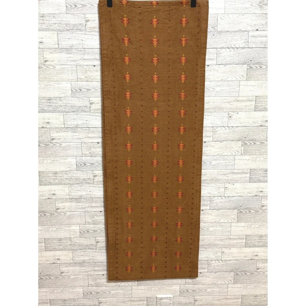 Brown Woven Table Runner 84x14 Autumn Harvest Embroidered Leaf Pattern Rustic
